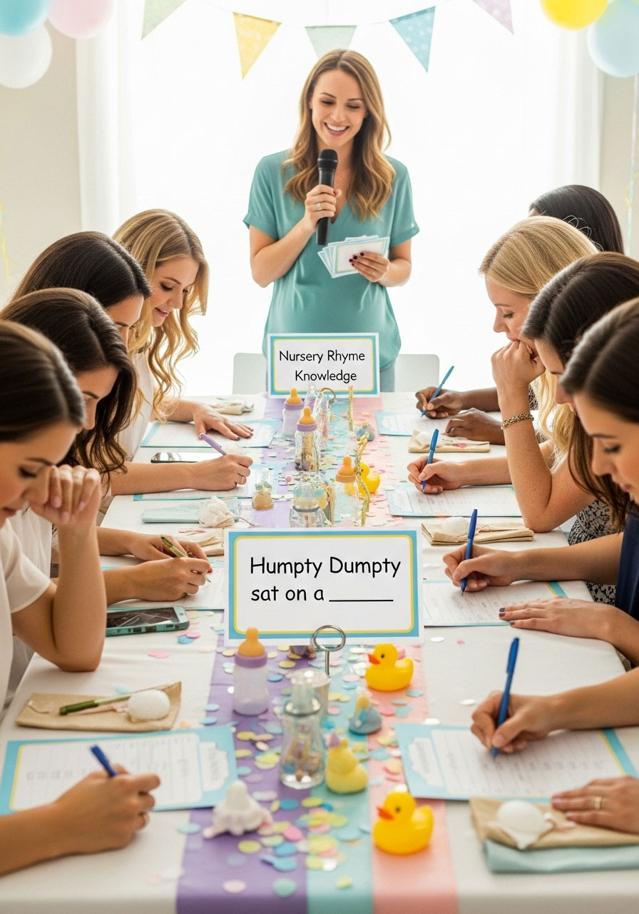 Easy DIY baby shower games: Nursery Rhyme Knowledge with incomplete lines to fill blanks, seated trivia back to childhood