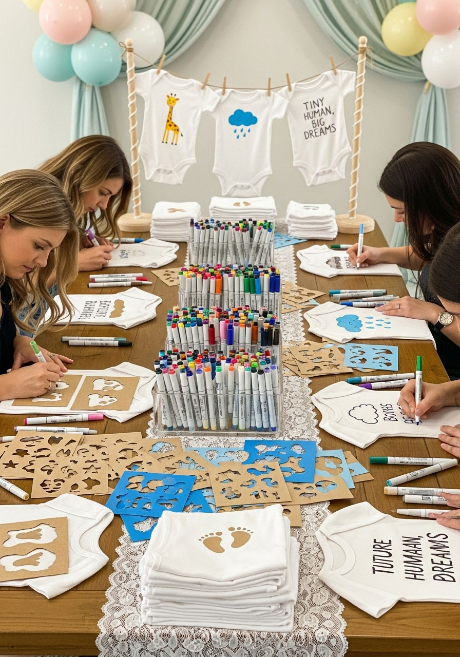 Easy DIY baby shower games: Decorate a Onesie Station with markers and stencils, guests crafting personalized baby clothes as keepsakes