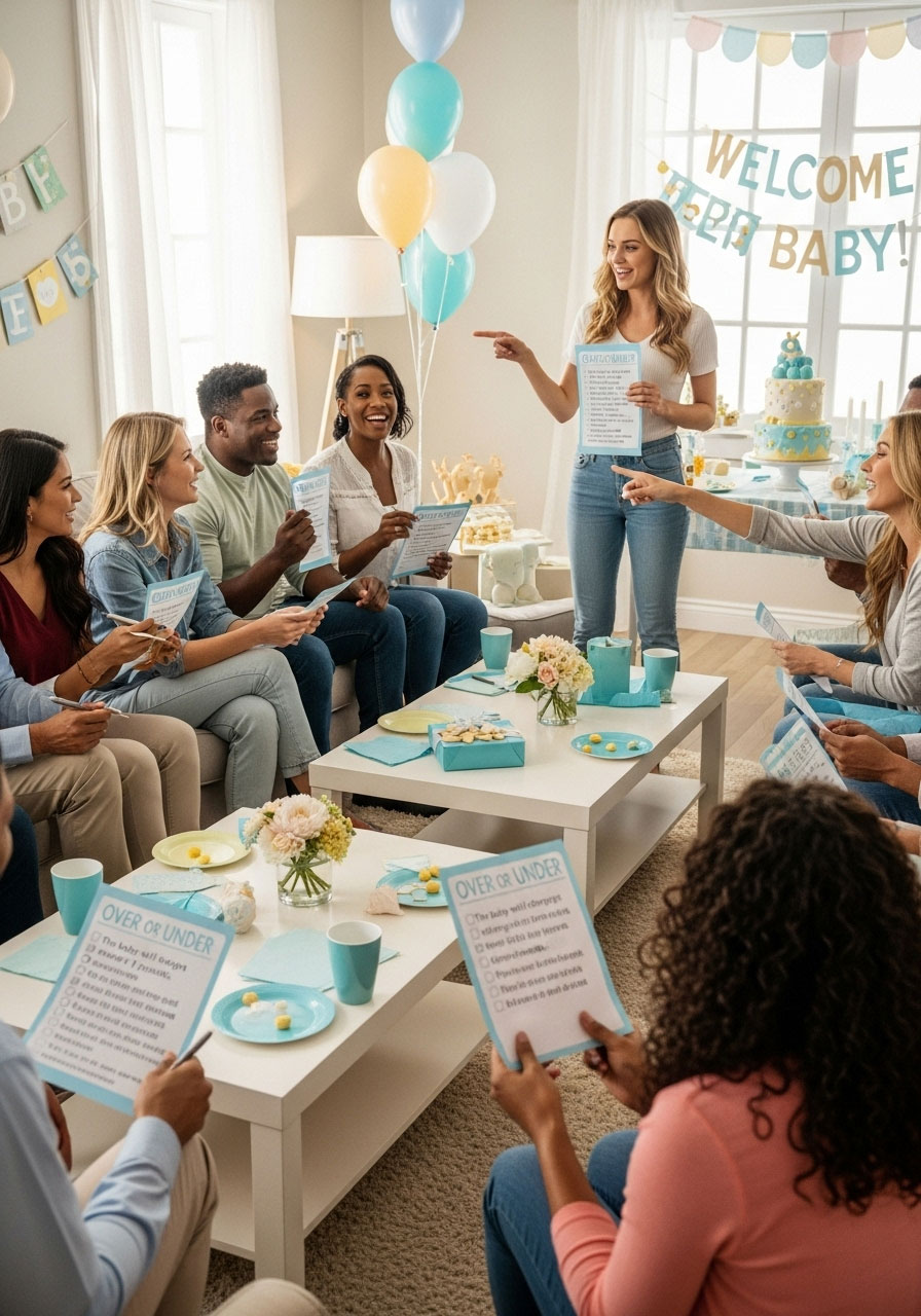 Easy DIY baby shower games: Over or Under guessing if facts like shoe pairs are higher or lower, personalized trivia twist
