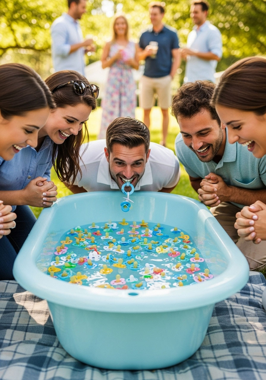 Easy DIY baby shower games: Bobbing for Pacifiers in water-filled tub, teeth-only retrieval for splashy outdoor silliness