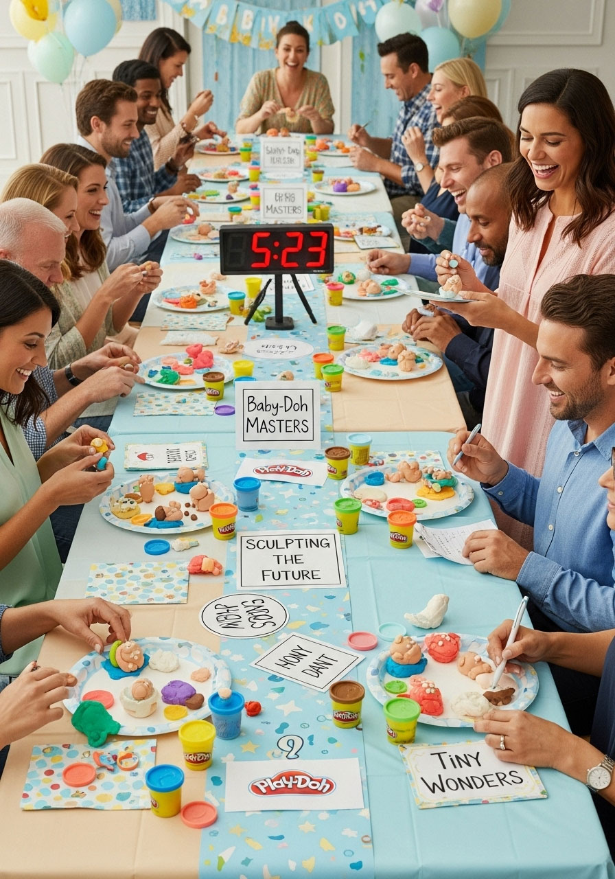 Easy DIY baby shower games: Play Dough Babies guests sculpting colorful dough figures on plates, judged by parents for cute crafts