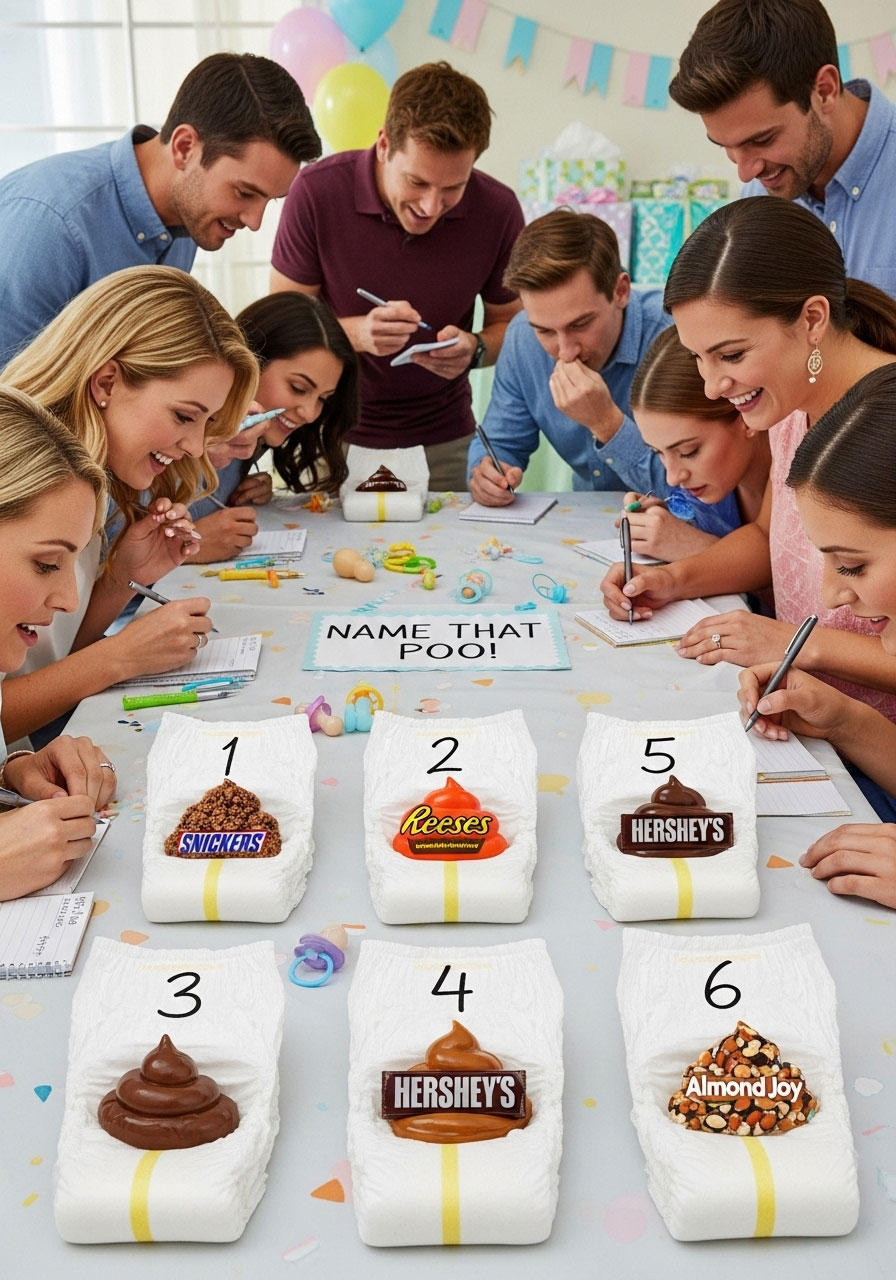 Easy DIY baby shower games: Name That Poo with numbered diapers smeared in melted chocolates for guests to sniff and guess hilariously