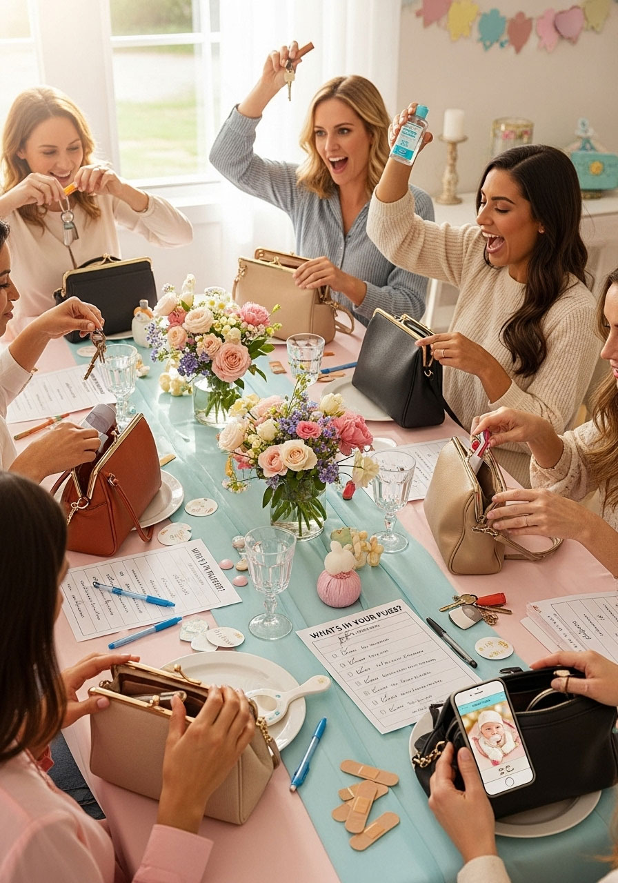 Easy DIY baby shower games: What’s In Your Purse scoring points for keys or baby items, seated no-prep scavenger laughs