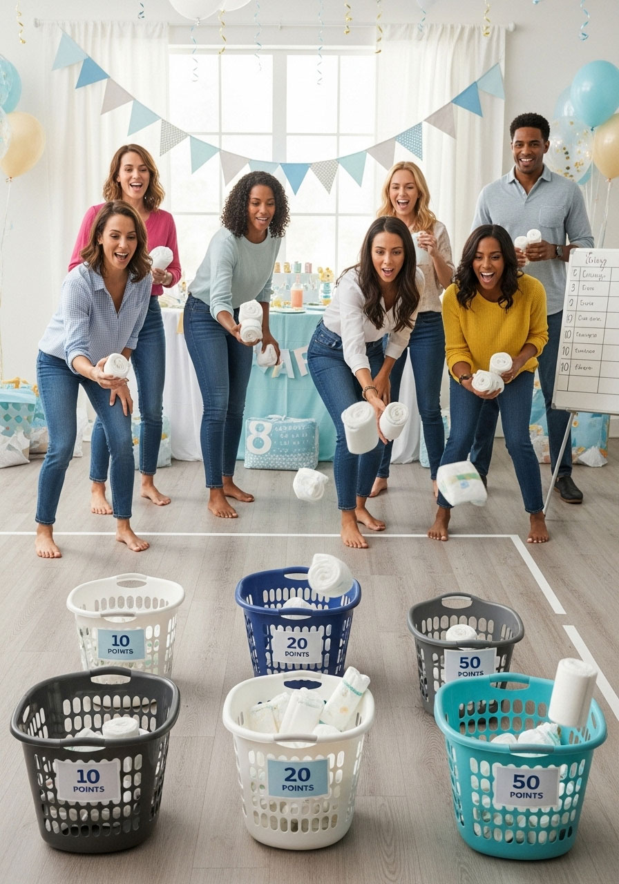 Easy DIY baby shower games: Diaper Toss throwing rolled diapers into basket from line, aiming game for low-energy action