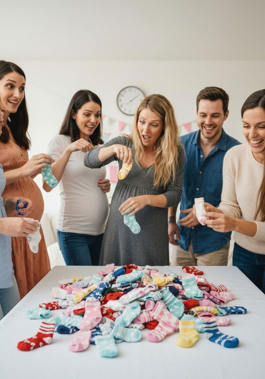Easy DIY baby shower games: Great Sock Matching Race sorting baby socks in 60 seconds, chaotic pairs for parent gift