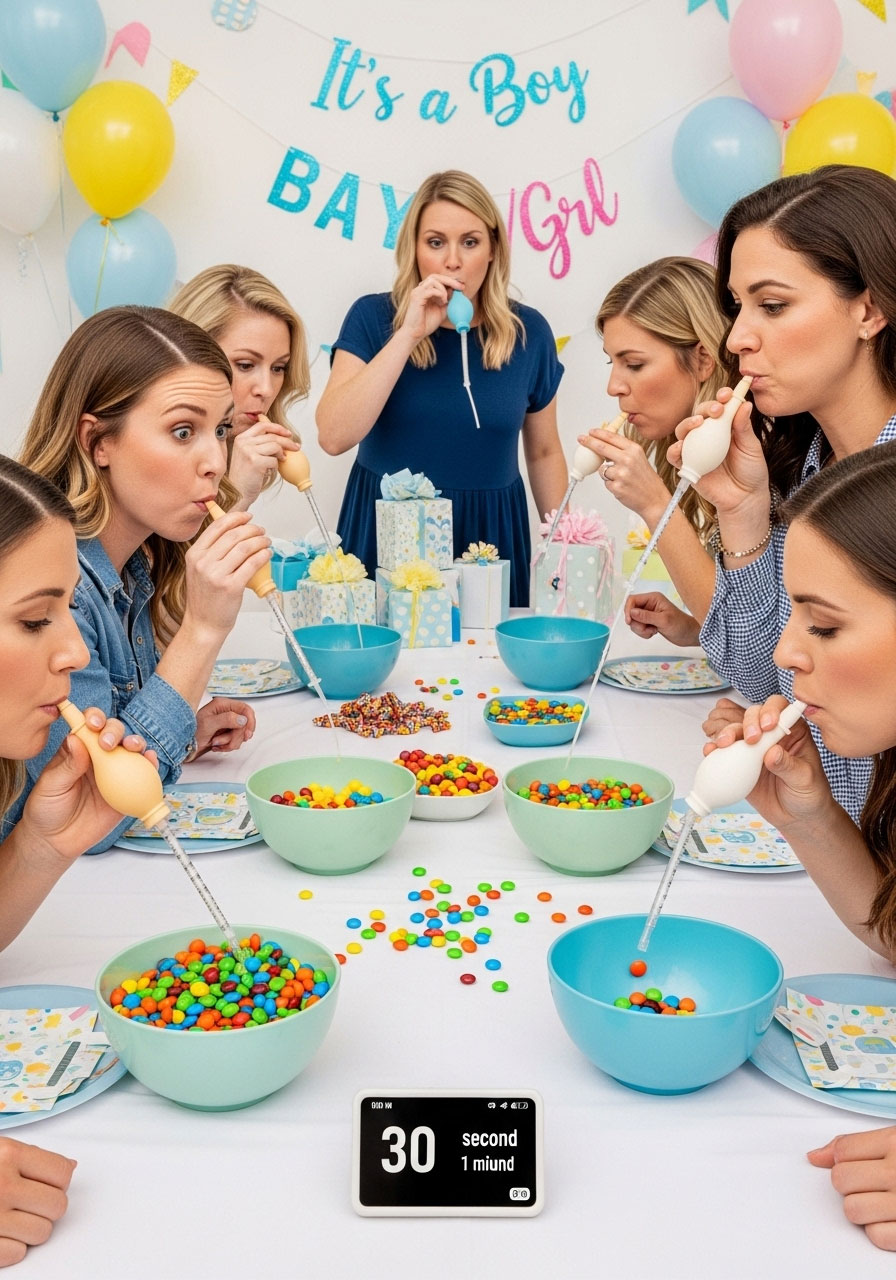 Easy DIY baby shower games: Suck It Up Challenge using bulb syringes to move M&Ms between bowls, minute-to-win-it suction race
