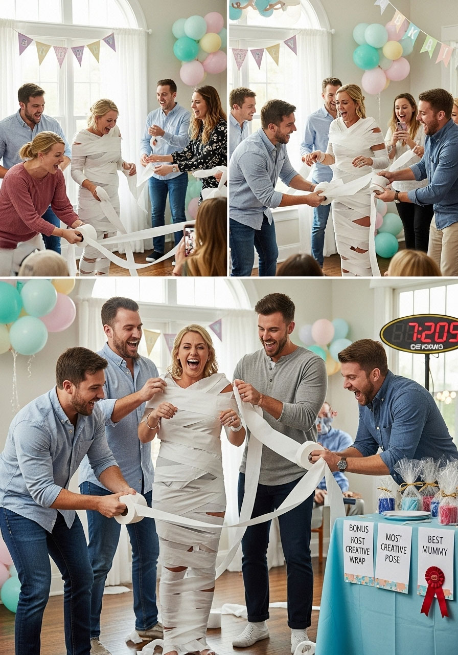 Easy DIY baby shower games: Mummy Wrap Race teams swaddling adult 'baby' in toilet paper, timed chaos for stylish wrap prizes
