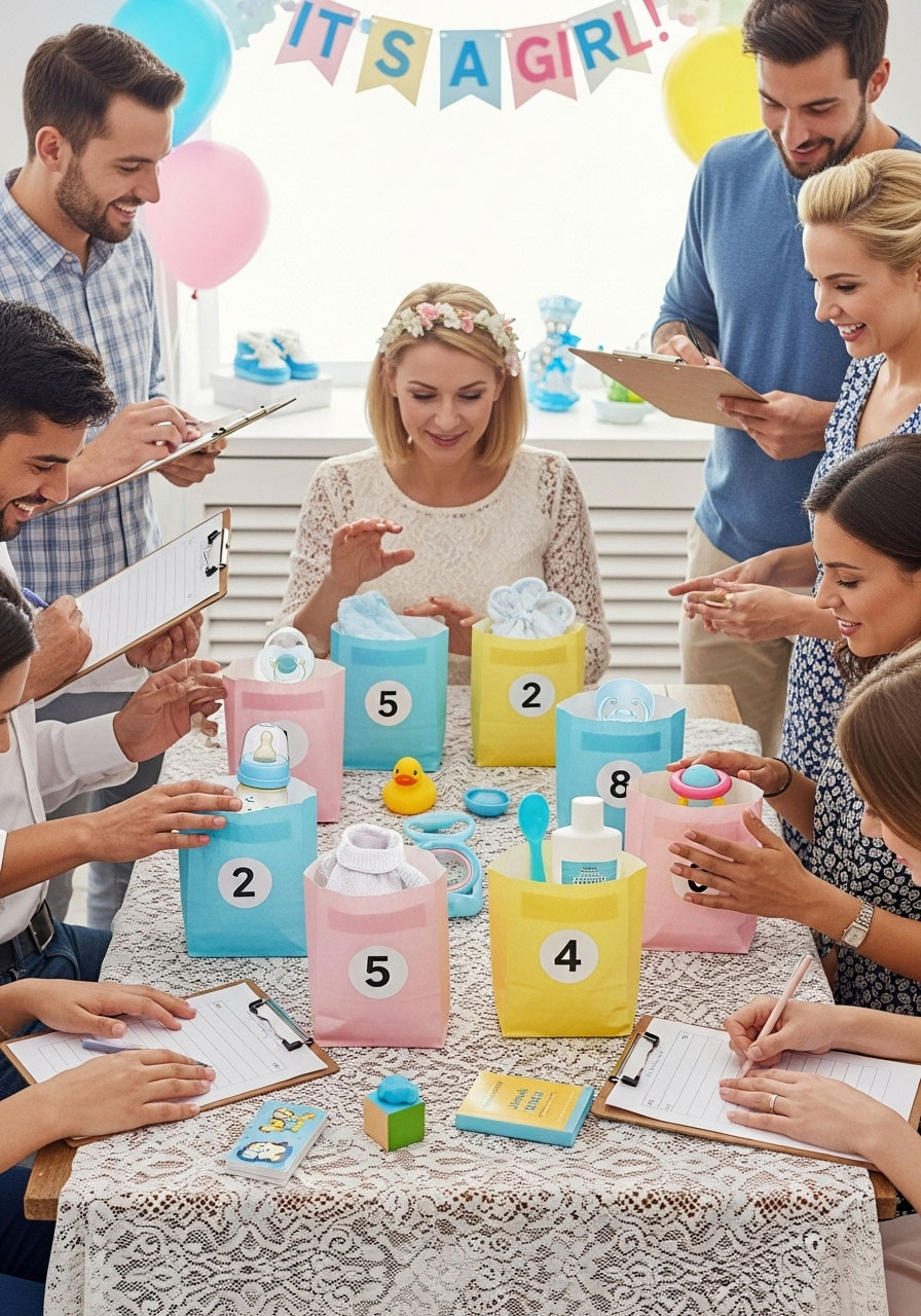 Easy DIY baby shower games: Baby Items in the Bag with numbered paper bags hiding pacifiers, touch-guessing sensory classic