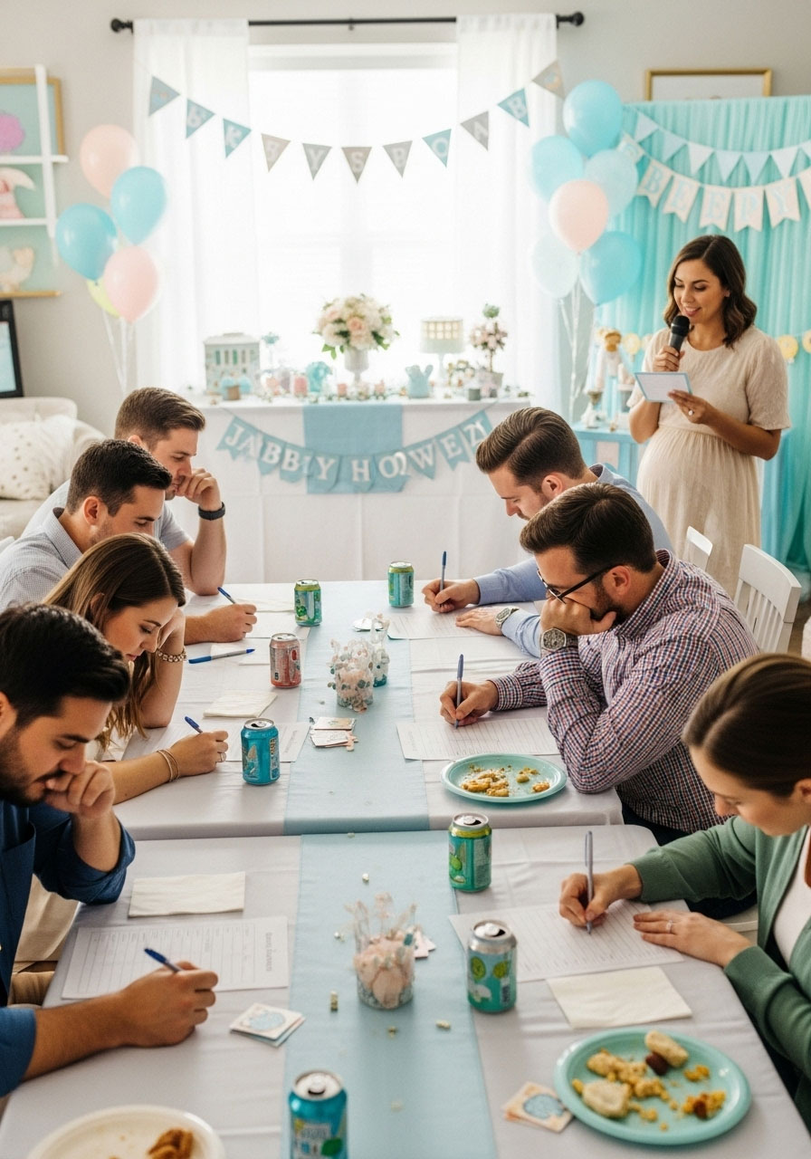 Easy DIY baby shower games: Baby Shower Trivia with guests writing answers to fun baby facts questions, perfect seated activity for all ages