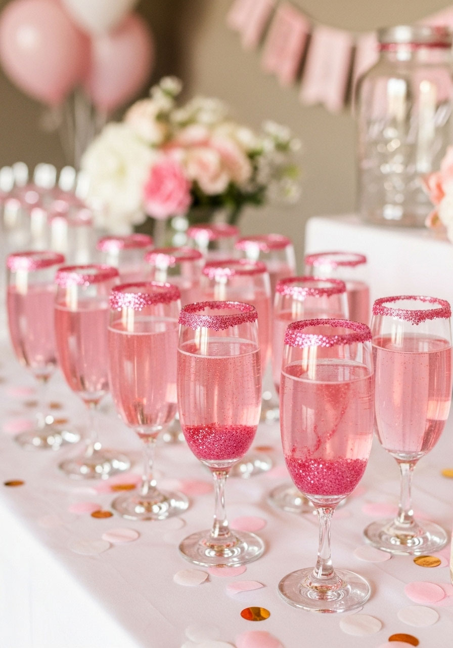 Drinks with pink edible glitter rims or stirred in for a baby girl shower.