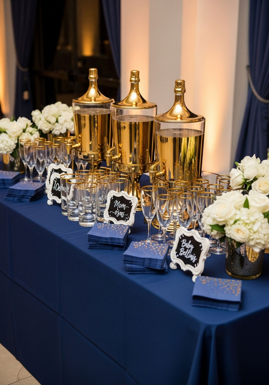 Sophisticated baby shower drink station with navy blue linens, gold brass dispensers, and elegant glassware in Ralph Lauren style