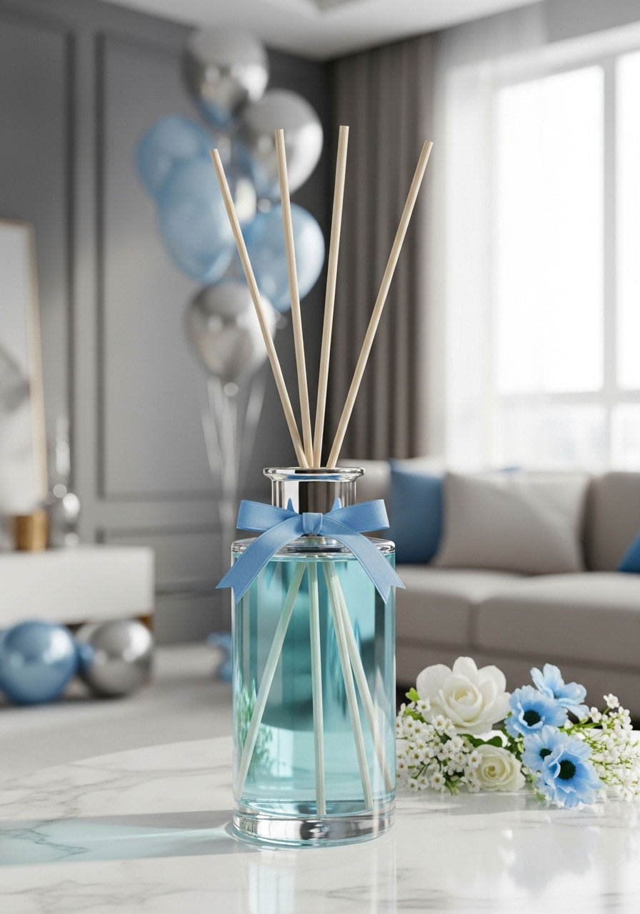 A glass reed diffuser with a pleasant scent, a flame-free home fragrance prize for a baby shower.