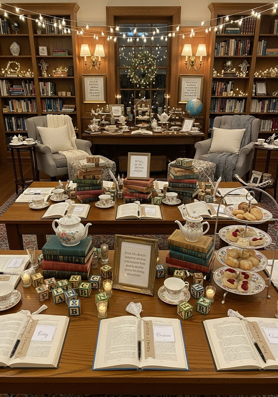 Enchanted library baby shower with vintage book decorations, fairy lights, letter blocks and cozy reading themed party setup