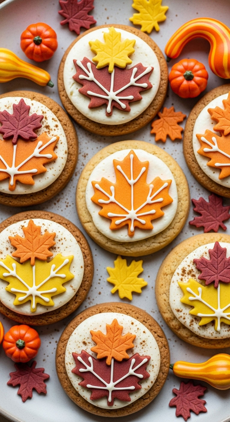 Autumn-themed woodland baby shower cupcakes with maple leaf toppers, warm fall colors, and seasonal forest decorations