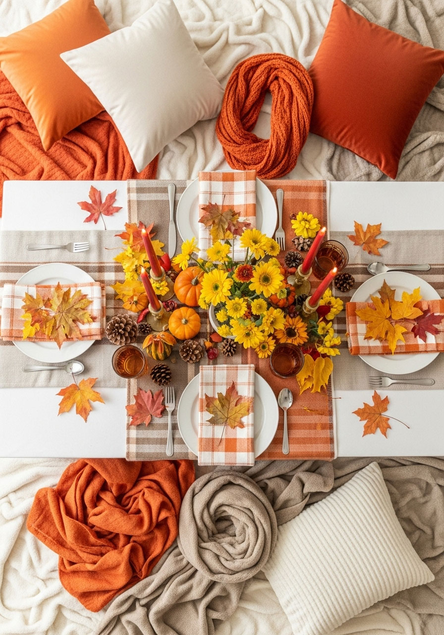 Cozy fall baby shower table with cream blankets, burnt orange pillows, mustard yellow flowers, and mini pumpkins for a budget-friendly color palette