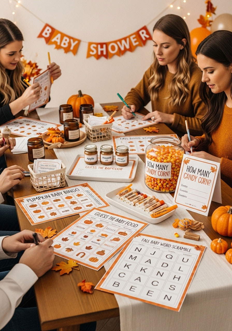 Engaging fall baby shower game station with printable Pumpkin Baby Bingo, Guess the Baby Food, and candy corn guessing game