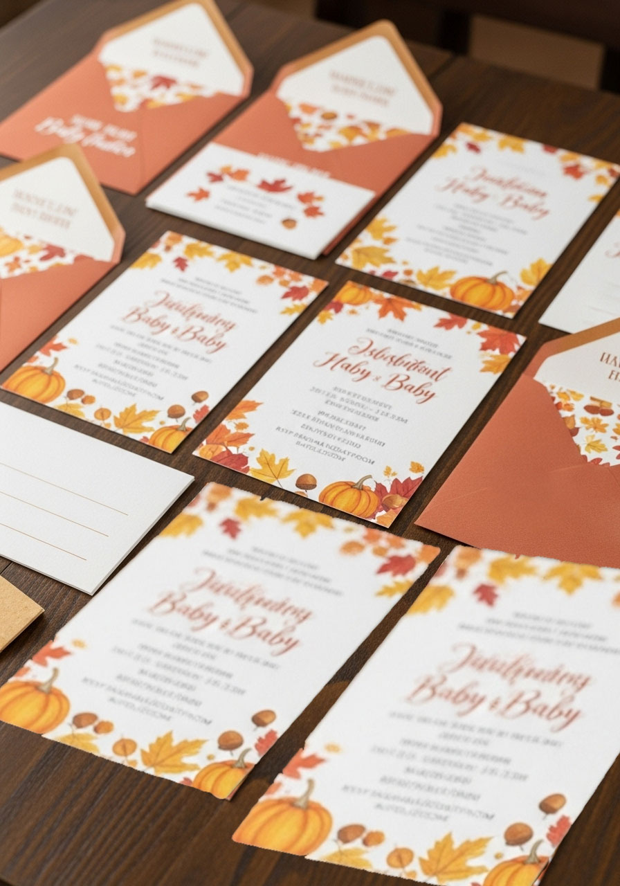 Professionally designed DIY fall baby shower invitations with pumpkin graphics and fall colors, printed on cardstock