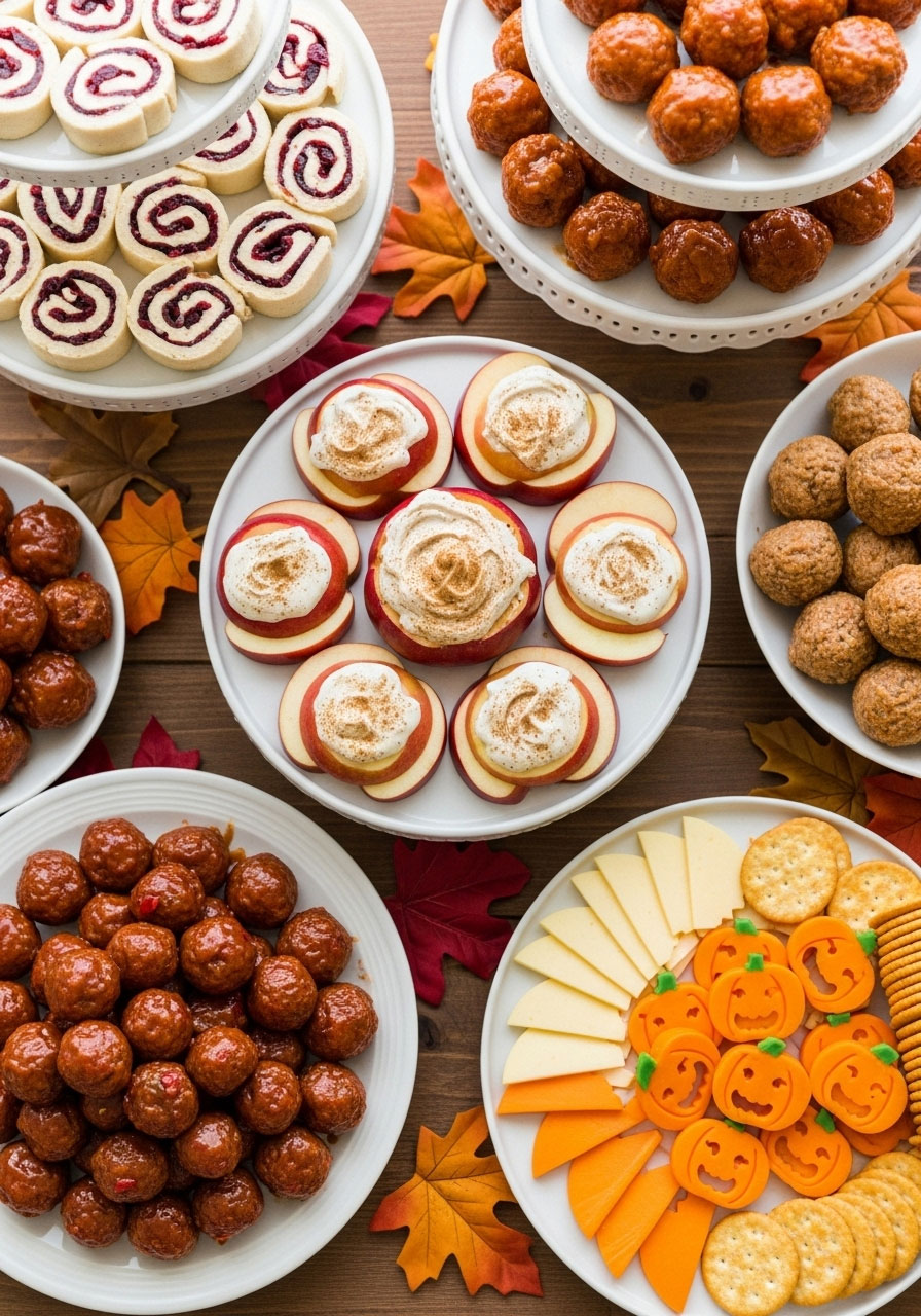 Simple yet stunning fall baby shower menu with cranberry pinwheels, apple slices, and pumpkin-shaped cheese on tiered trays