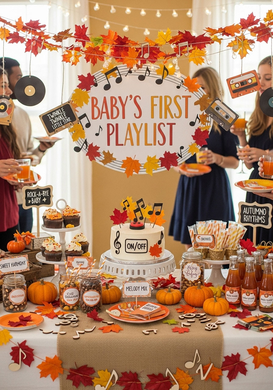 Fall baby shower atmosphere with a playlist screen showing acoustic covers and lullabies, enhancing the cozy party vibe