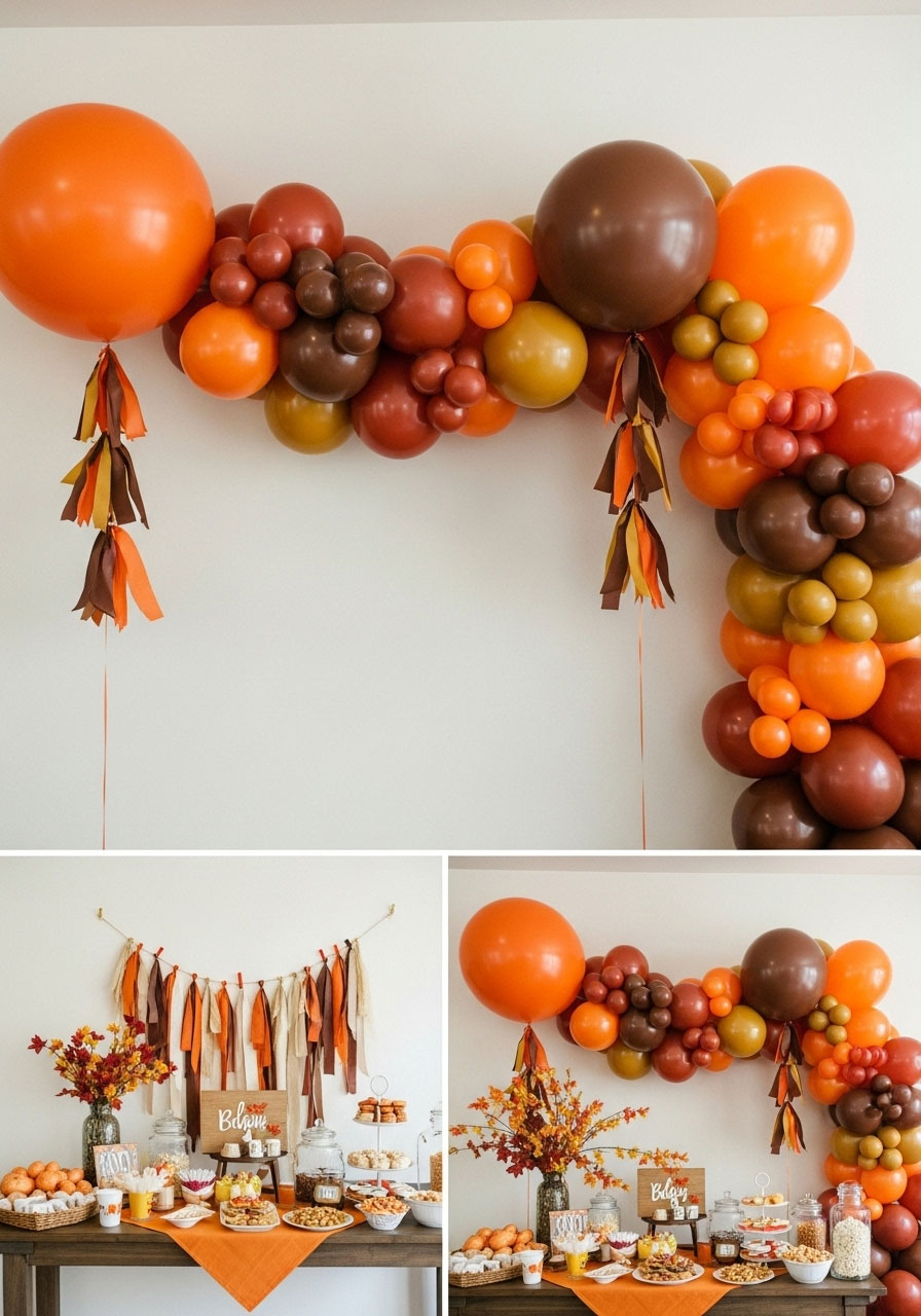 Vibrant fall baby shower balloon garland in orange, rust, and mustard tones, hung as a professional-looking photo backdrop