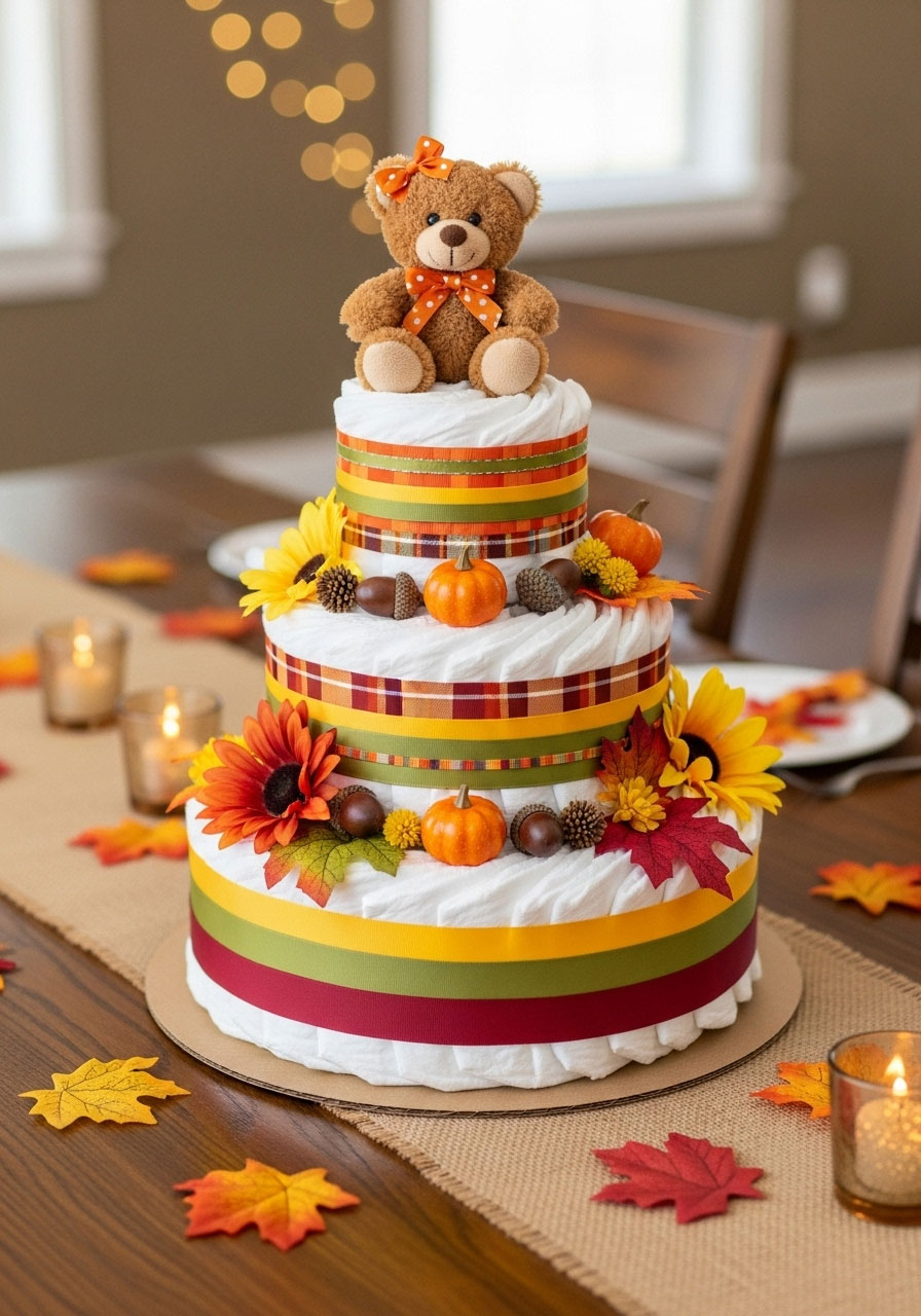 Budget-friendly fall diaper cake with rolled diapers, fall ribbons, mini pumpkins, and a stuffed animal topper for baby shower decor