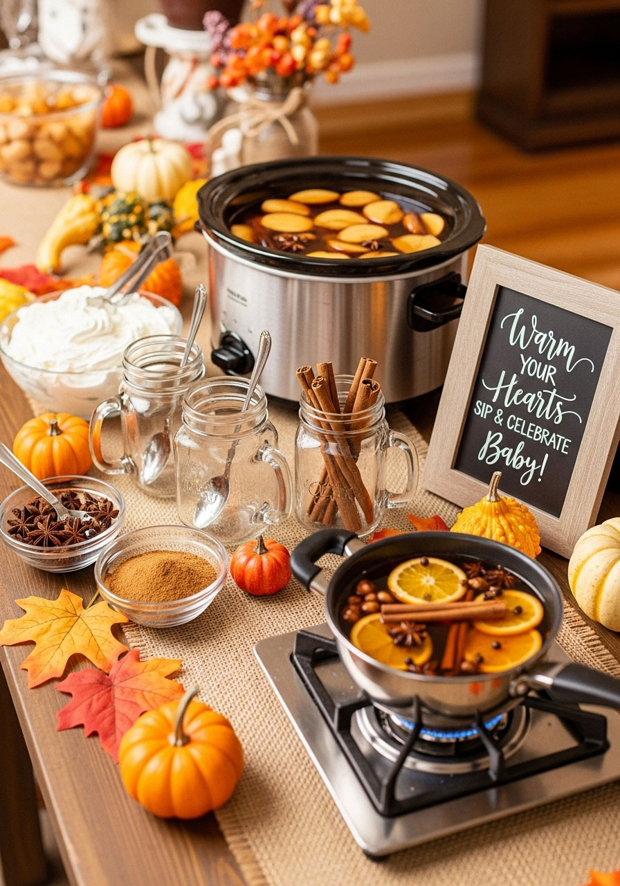 Warm fall baby shower drink station with apple cider, mason jars, cinnamon sticks, and a "Sip & Celebrate" sign