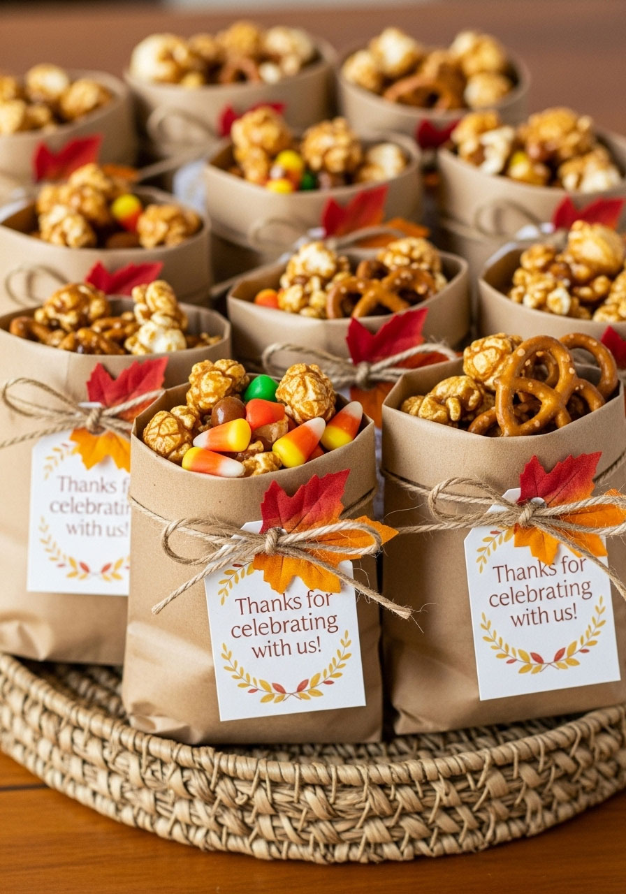 Boutique-style fall baby shower favor bags with caramel popcorn, candy corn, and twine-tied tags, ready for guests