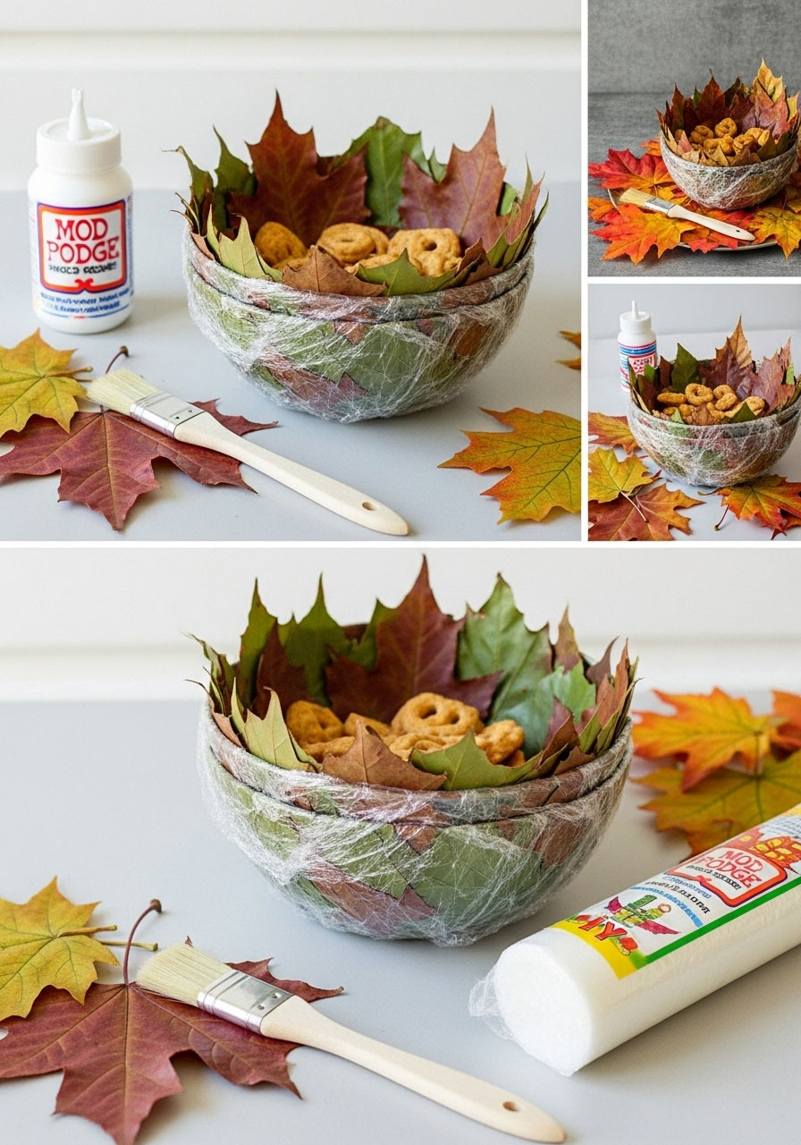 Stunning DIY fall leaf bowl made from real leaves and Mod Podge, used as a snack or favor holder for a baby shower