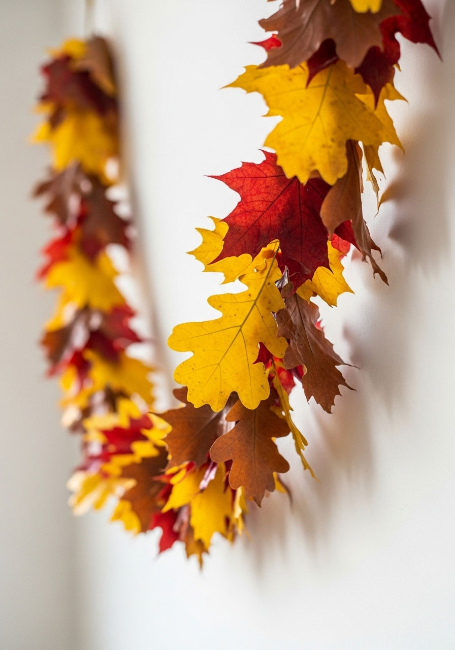DIY fall leaf garland hanging on wall showing colorful wax-dipped autumn leaves for home decoration tutorial