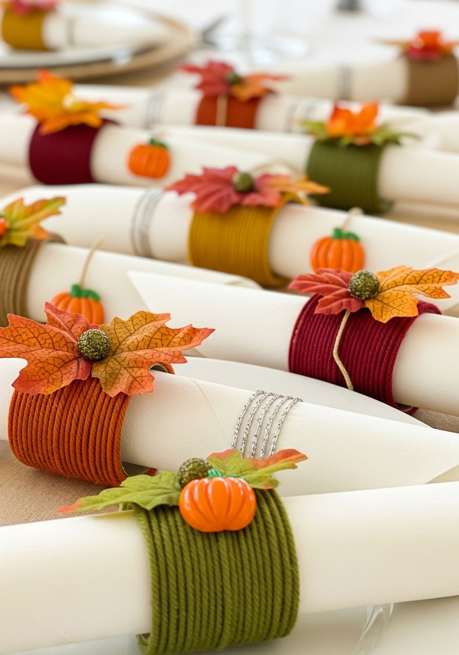 Elegant DIY fall baby shower napkin rings made from toilet paper rolls, yarn, and artificial leaves, set on a table
