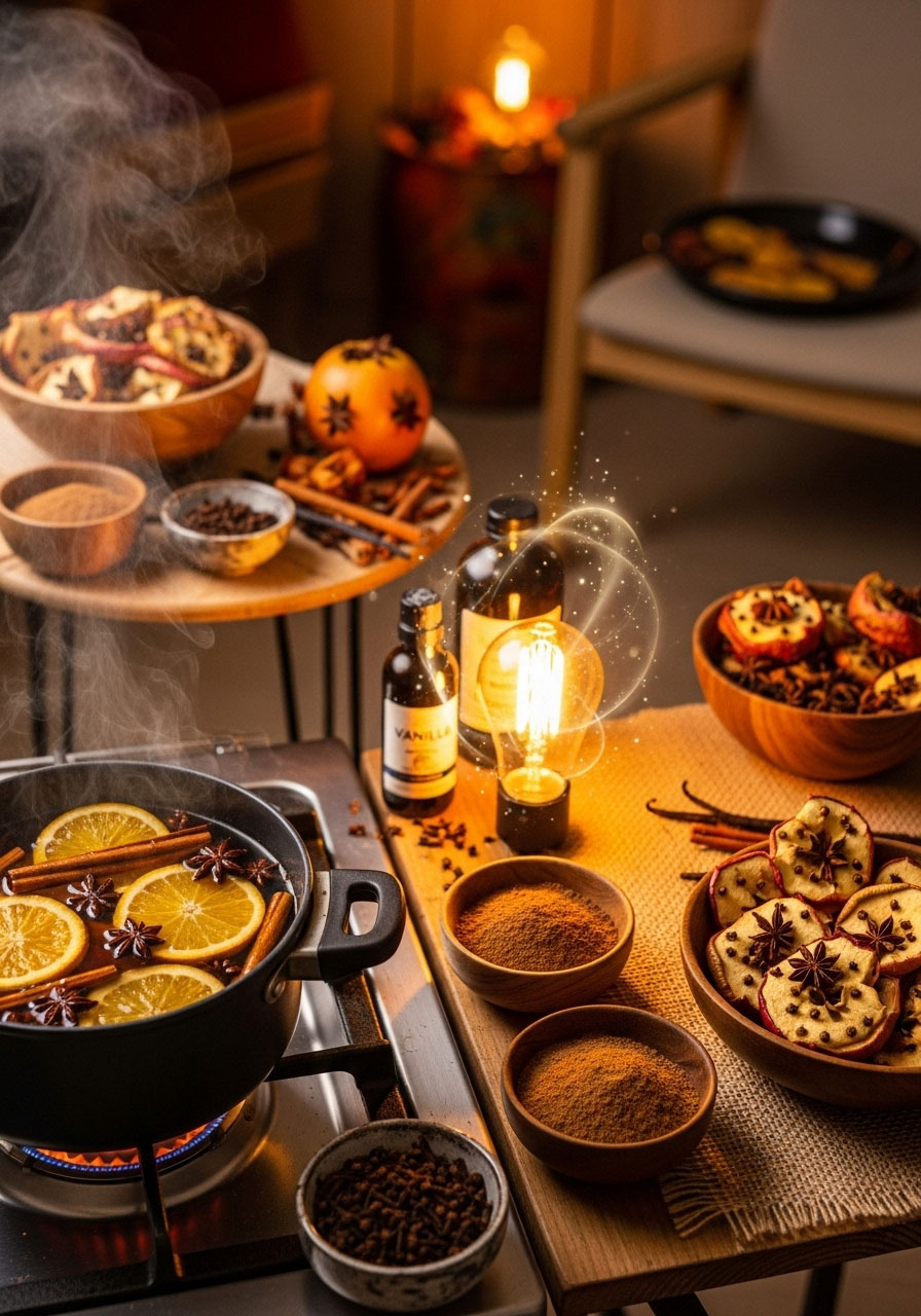 Cozy fall baby shower ambiance with stovetop potpourri of orange slices, cinnamon, and vanilla for a warm, inviting scent