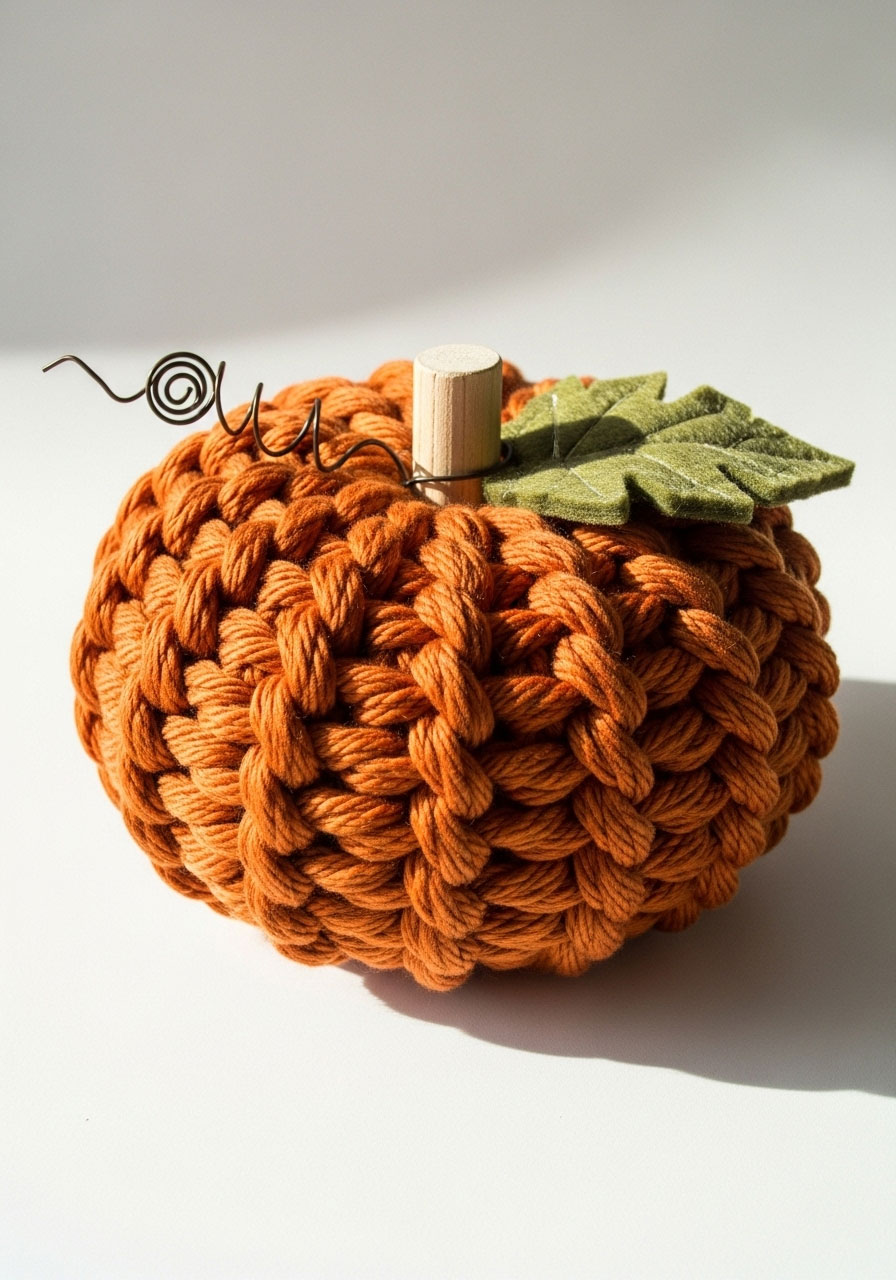 Completed no-knit yarn pumpkin with stem, leaves, and curly vine details for fall party decor