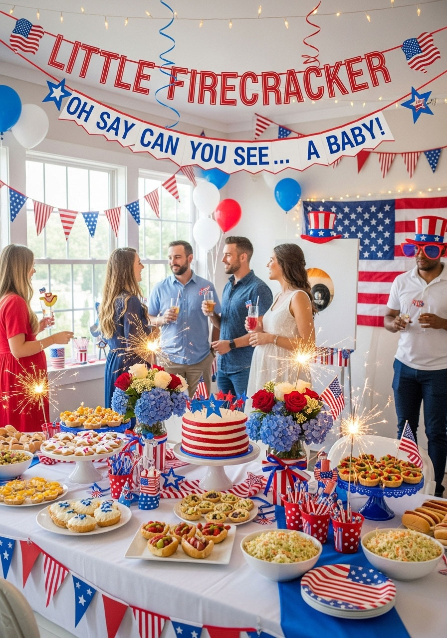 Festive little firecracker gender neutral baby shower in red white blue with star-spangled decor for 4th July summer bash