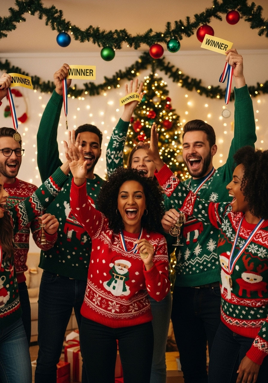 Winning team celebrating victory with medals after playing Christmas Fish Bowl party game