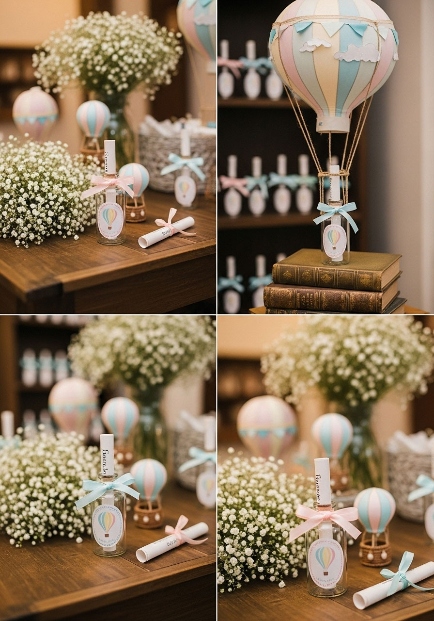 Small glass bottles with cork tops containing rolled messages, balloon labels and ribbons placed around party venue for discovery