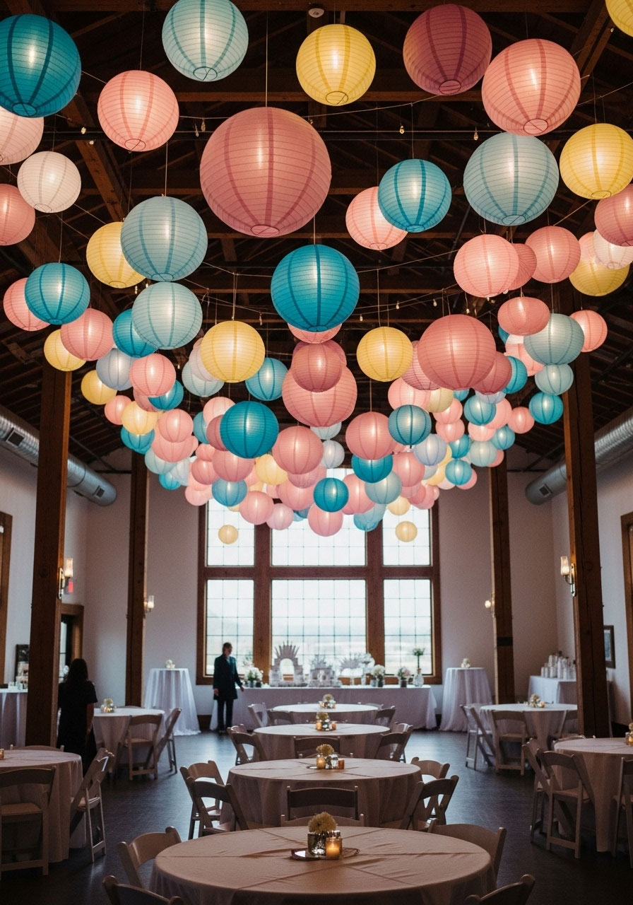 Colorful paper lanterns hanging from ceiling at various heights with LED lighting creating magical hot air balloon party atmosphere