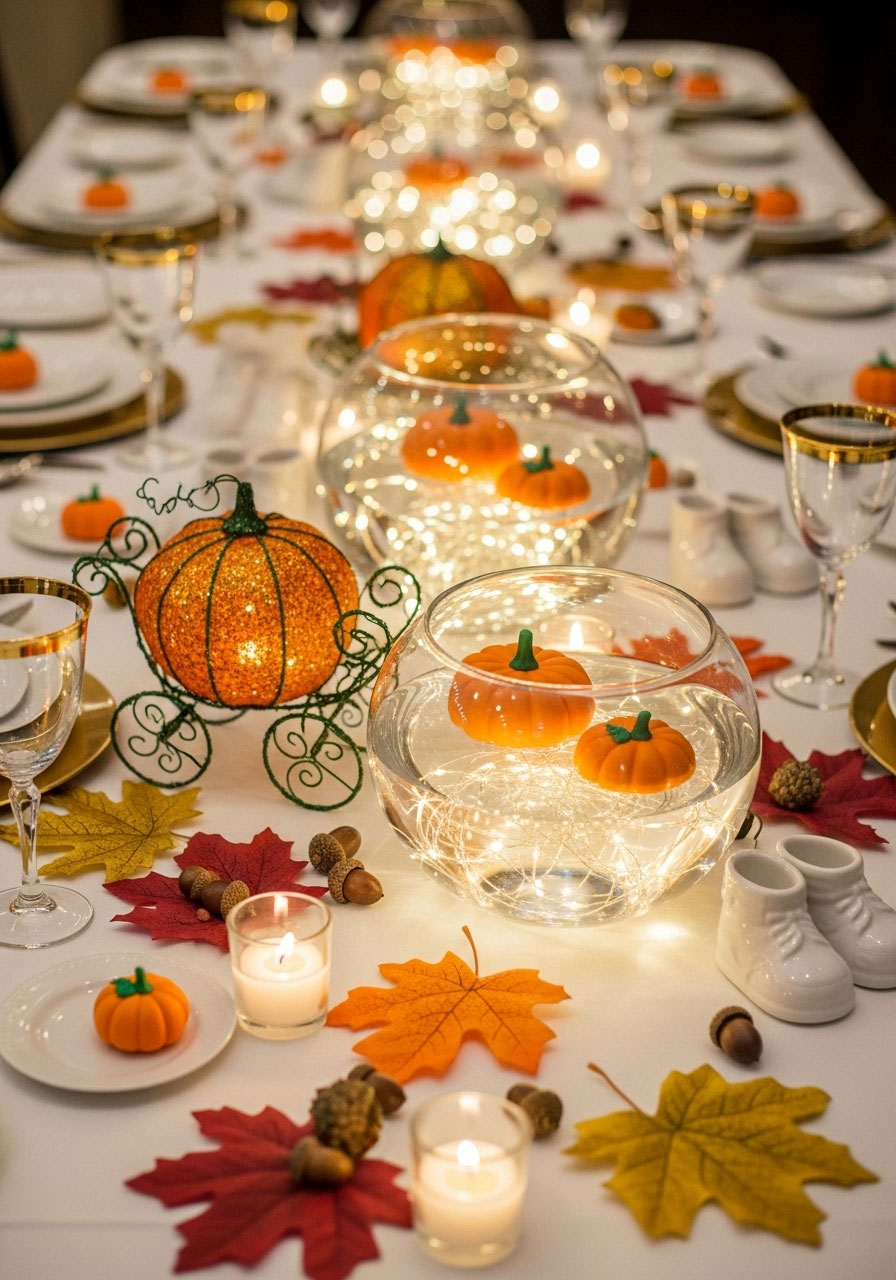 Elegant floating pumpkin centerpiece with candles and fall leaves.