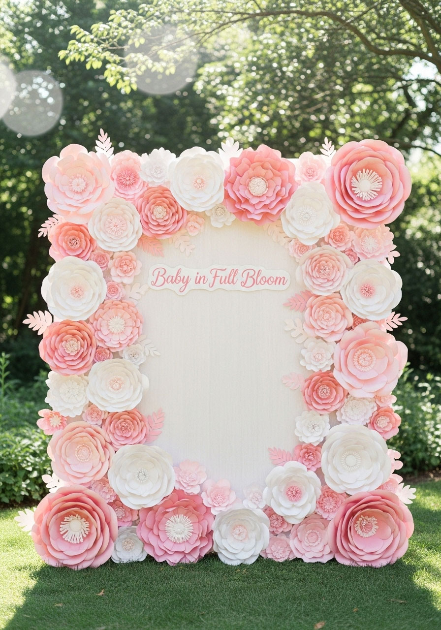 A beautiful 'Baby in Full Bloom' shower with a budget-friendly backdrop of giant handmade paper flowers.