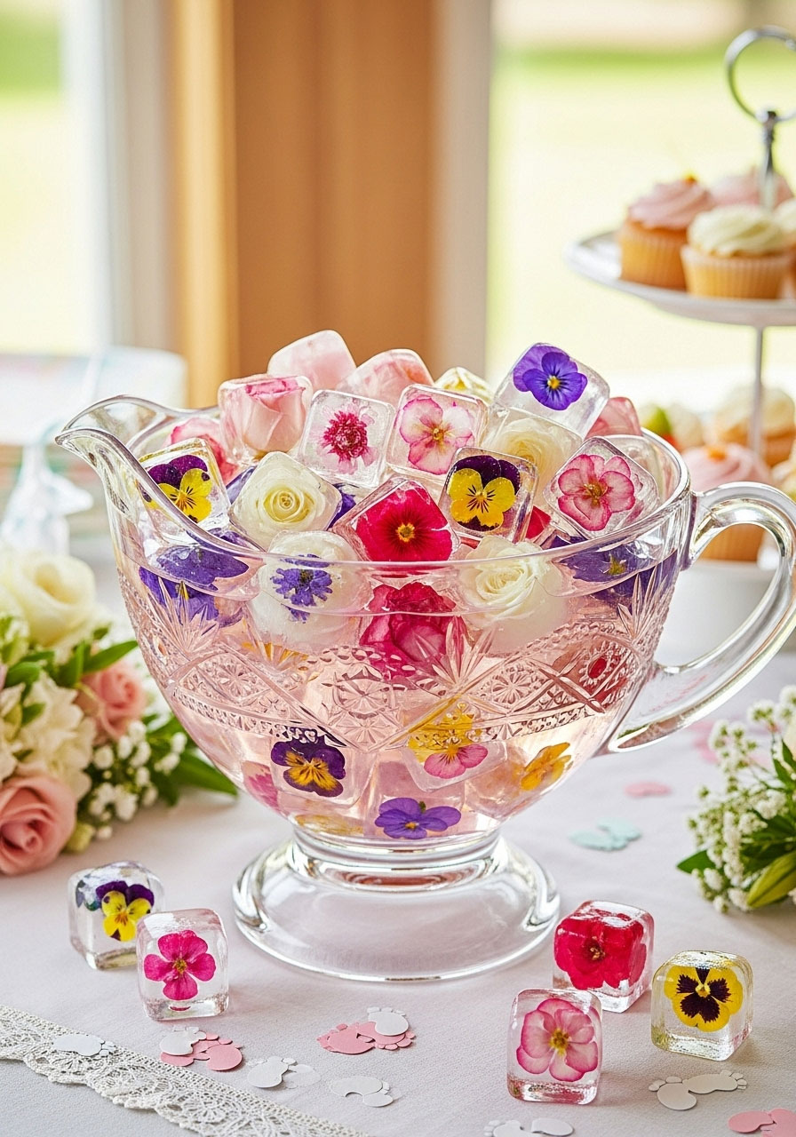 Ice cubes with edible rose petals in a punch bowl for a baby girl shower drink station.