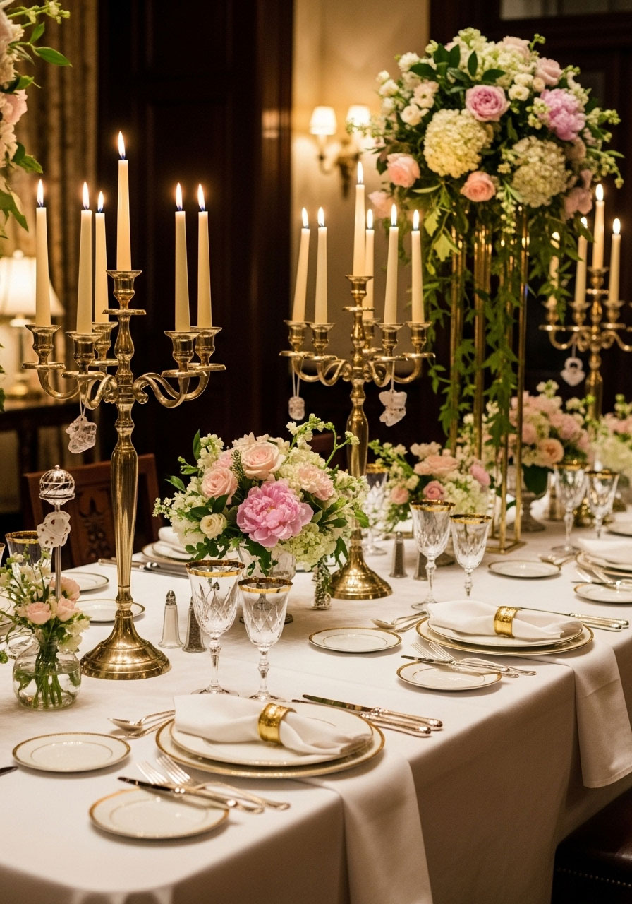Luxurious formal dining baby shower table with white tablecloth, brass candelabras, fine china, and lush floral centerpieces