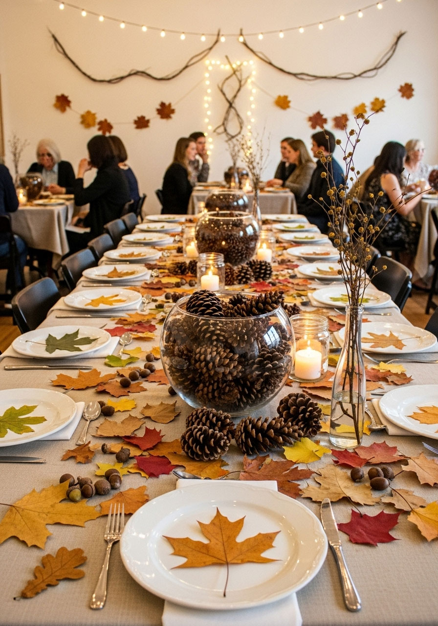 Fall baby shower space decorated with free natural elements like pressed leaves, pinecones, and branches for a cozy autumn vibe
