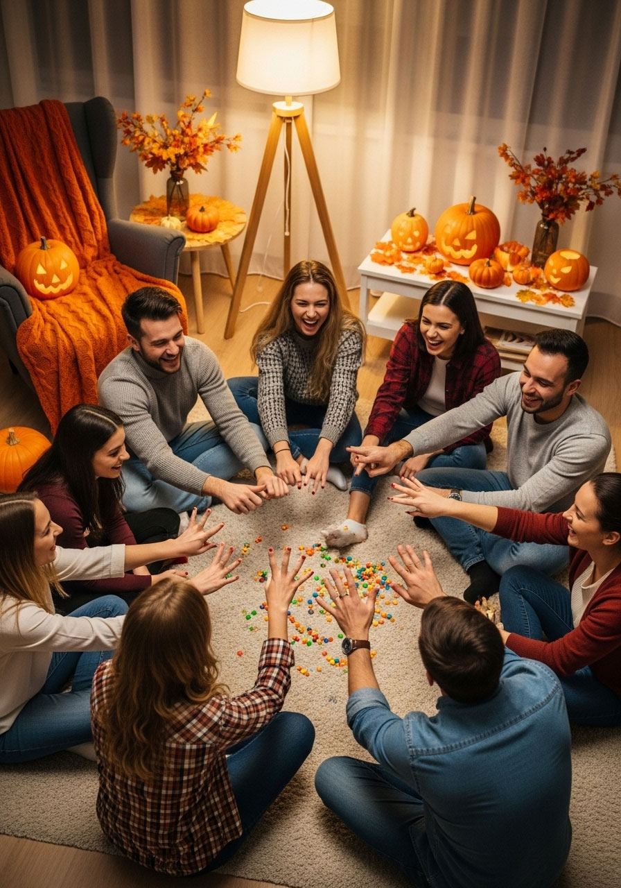 Friends playing Never Have I Ever icebreaker game at Friendsgiving party with candy pieces in a circle