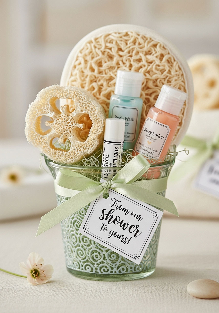 A mini bucket filled with a loofah and body wash, a creative 'From Our Shower to Yours' baby shower prize.