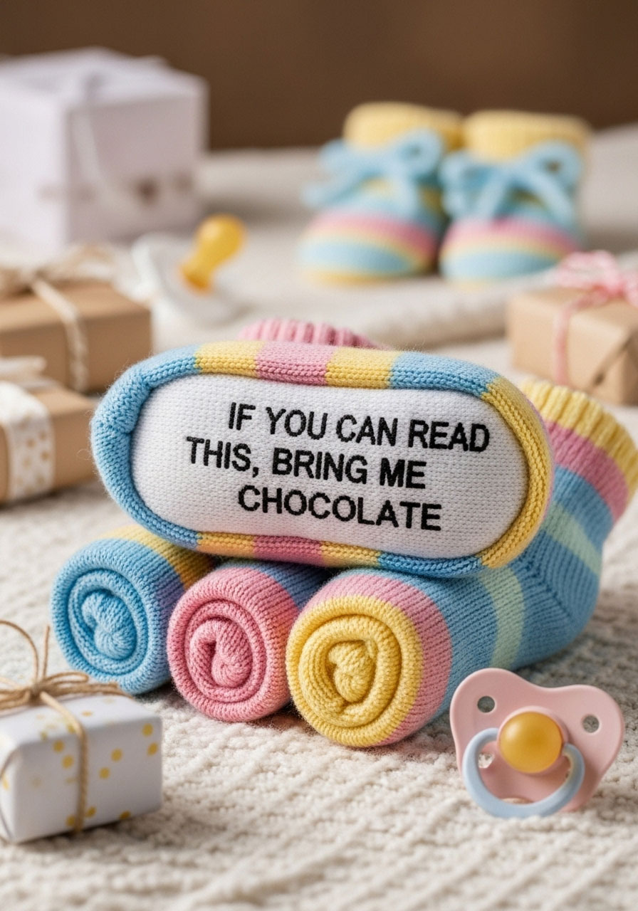 A pair of cozy socks with a funny message on the soles, a humorous baby shower prize idea.