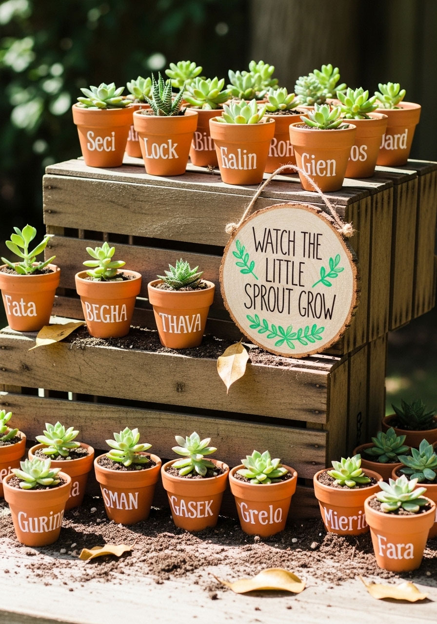 A 'Little Sprout' baby shower with inexpensive terracotta pots used as personalized party favors for guests.