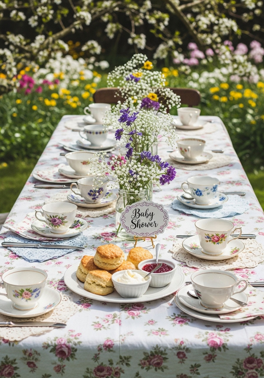 An elegant 'Garden Tea Party' baby shower using mismatched, thrifted teacups for a sophisticated budget look.