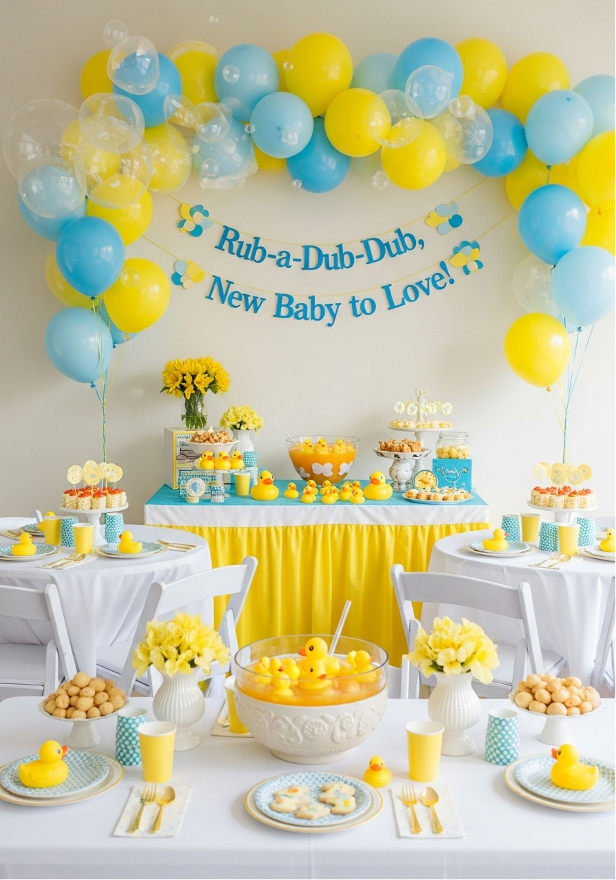Cheerful gender neutral rubber ducky baby shower with yellow balloon bubbles and duck cookies, perfect for playful party inspiration