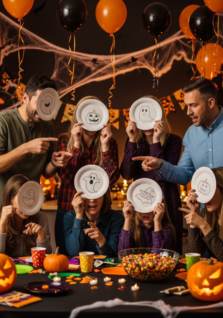 Halloween ghost face guessing carnival game with players drawing on paper plates against foreheads while teammates guess