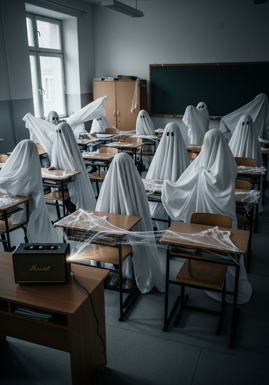 Kids draped in white sheets playing ghost-themed musical chairs during Halloween classroom party with spooky decorations