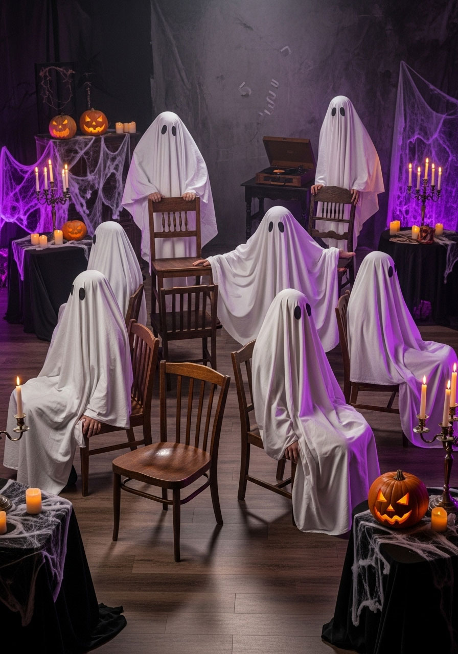 Halloween ghostly musical chairs carnival game with players in ghost sheets floating around chairs to spooky music
